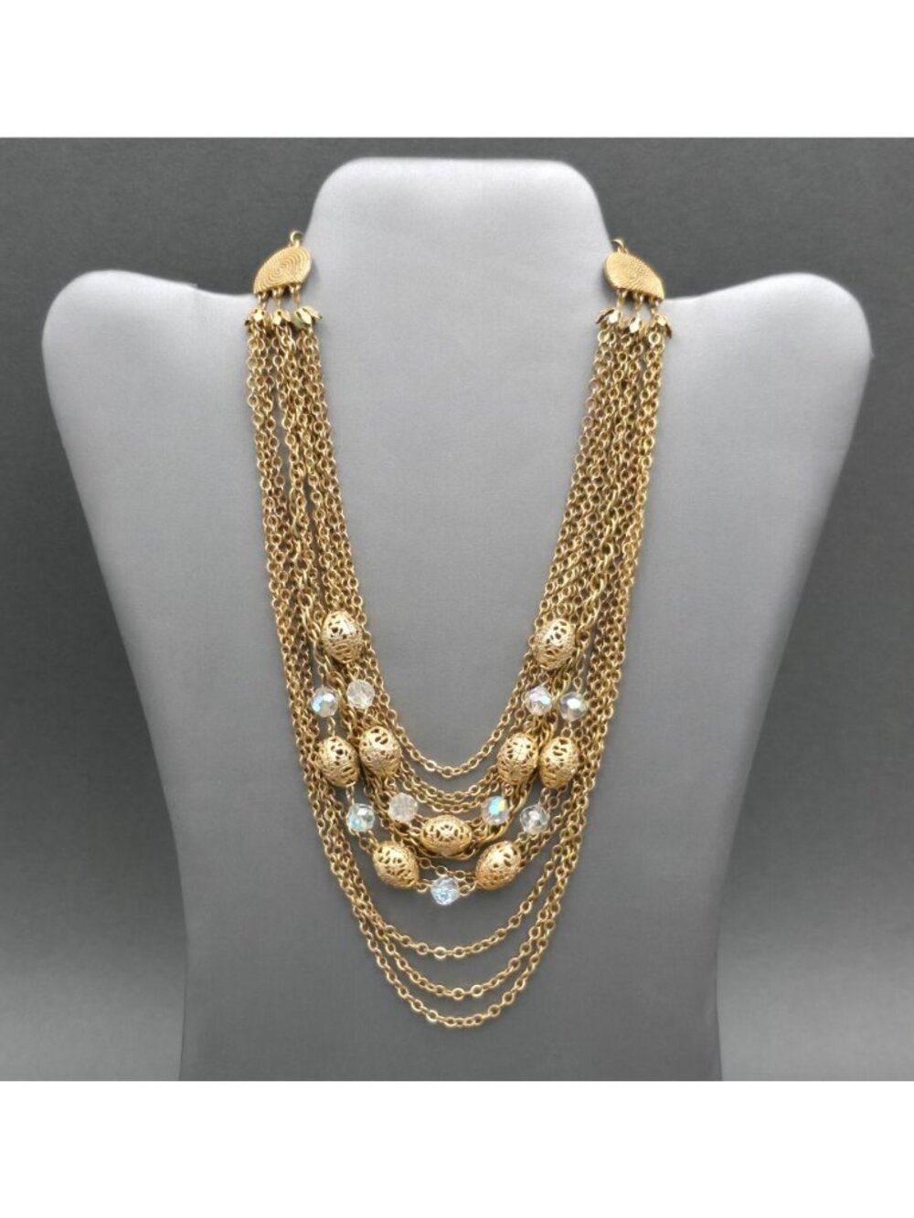 Vintage Gold Tone AB Crystal Multichain Necklace Bracelet Set Demi Parure - Picture 3 of 16